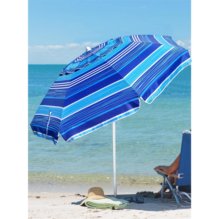 AMMSUN 6.5 ft Heavy Duty Beach Umbrella for Sand with tilt Air Vent Sun Shelter, UV 50+ Protection Outdoor Sunshade Umbrellas and Parasols with Carry Bag for Patio Garden Beach Pool Backyard stripe Blue