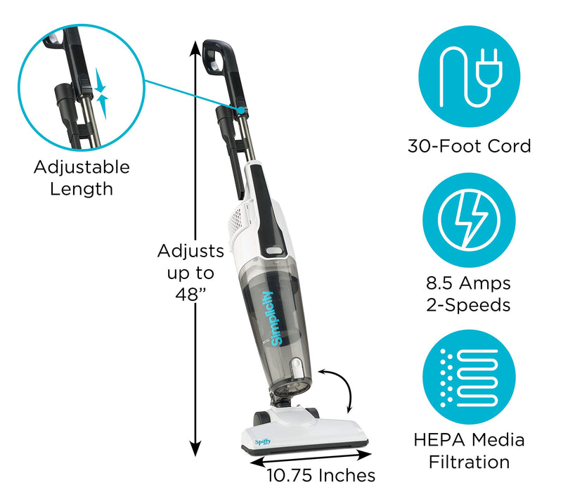 Simplicity Vacuums Corded Stick Vacuum Cleaner for Home, Bagless Vacuum with Two Speeds for Powerful Suction, Certified HEPA Vacuum, Ideal Vacuum for Hardwood and Tile Floors, S60 Spiffy