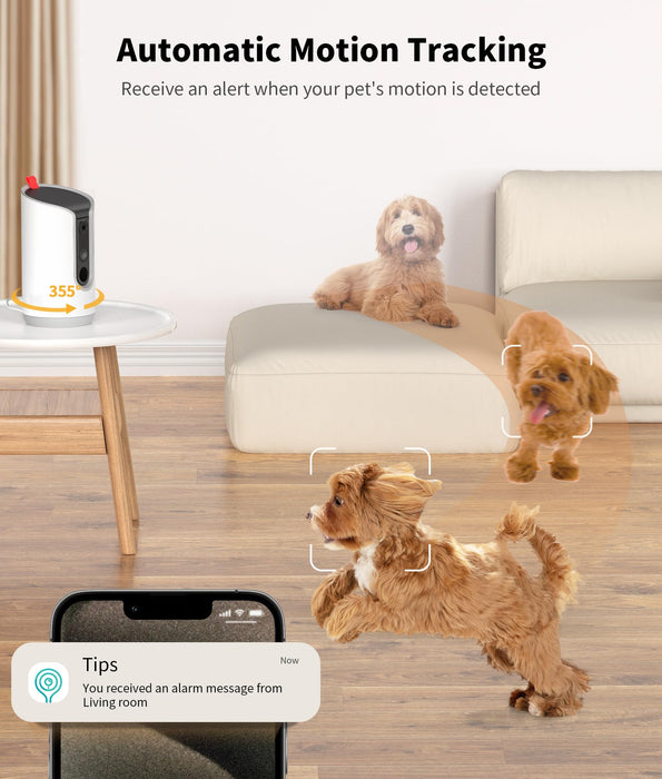 TKENPRO 2K Pet Camera Treat Dispenser, 360°View Dog Camera with Phone App, 5G&2.4G WiFi 2-Way Talk Pet Camera Indoor for Cats Remote Treat Tossing, Motion Alerts, Auto Tracking