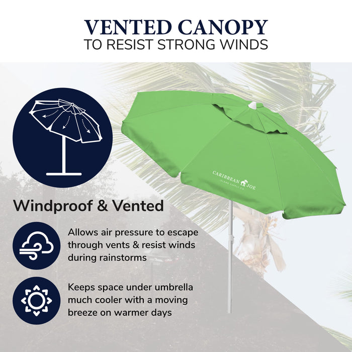 CARIBBEAN JOE Beach Umbrella, Portable and Adjustable Tilt Sun Umbrella with UV Protection, Vented Canopy, Full 7 ft Arc, Green