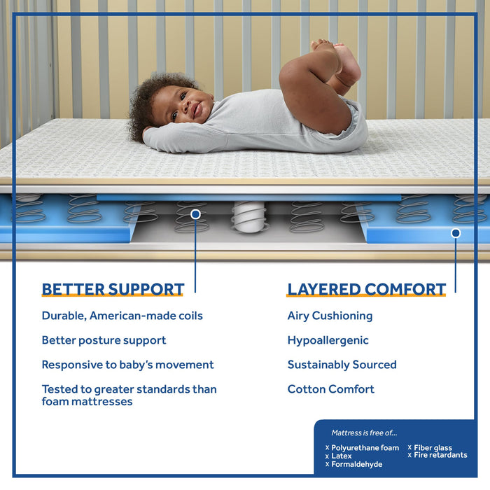 Sealy Flex Cool Breathable Hypoallergenic 2-Stage Dual Firm Waterproof Baby Crib Mattress & Toddler Bed Mattress, Cotton Cover, 204 Premium Coils, Air Quality Certified, Made in USA, 52"x28"