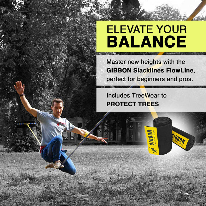 Gibbon Flowline Slackline with TreeWear - 82ft Slack Line (74ft line + (2) 8.5ft Ratchet Straps, Reinforced Loops, 2 Signature Ratchets) 1” Line