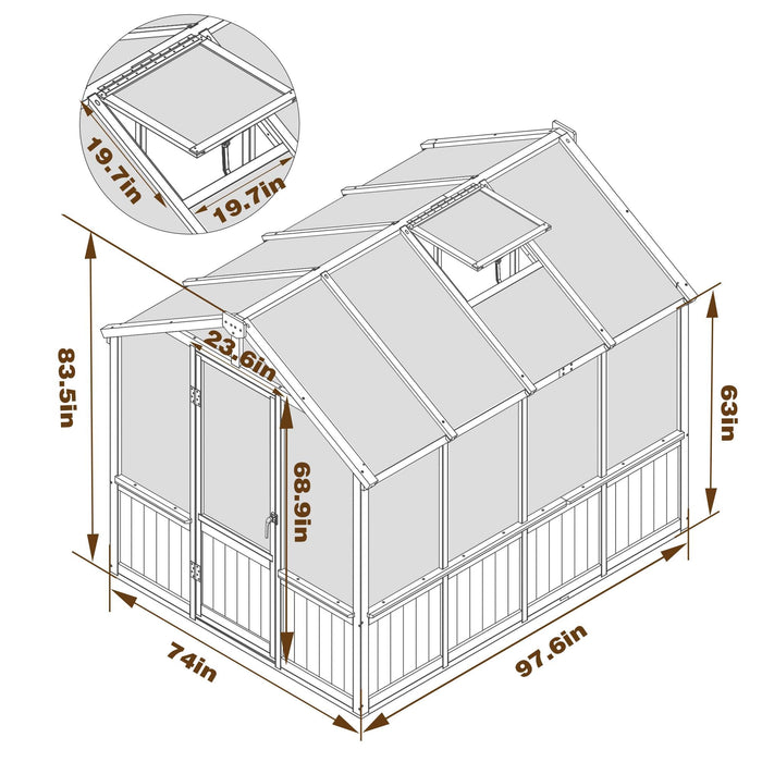 Mupater 6 x 8 x 8 Ft Wooden Polycarbonate Greenhouse with Ventilated Window and Lockable Door, Walk-in Greenhouse for Backyard, Natural