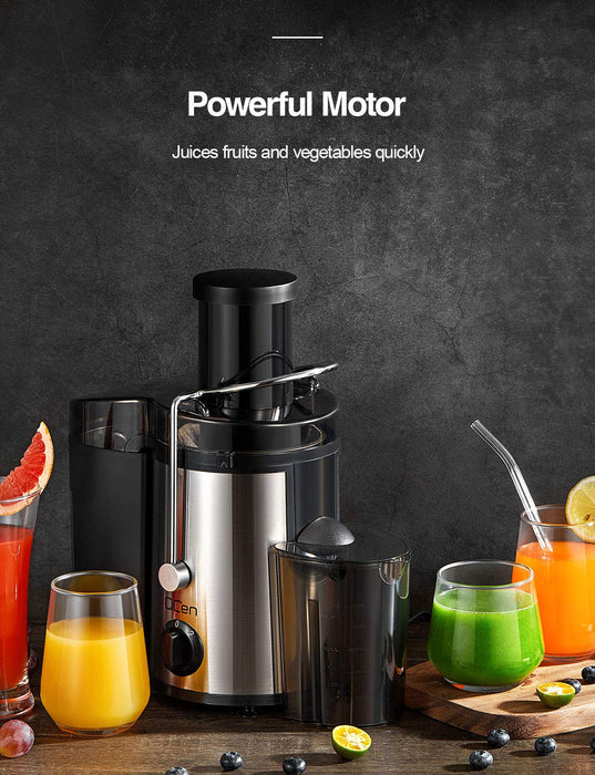 Qcen Juicer Machine, 500W Centrifugal Juicer Extractor with Wide Mouth 3” Feed Chute for Fruit Vegetable, Easy to Clean, Stainless Steel, BPA-free (Black)