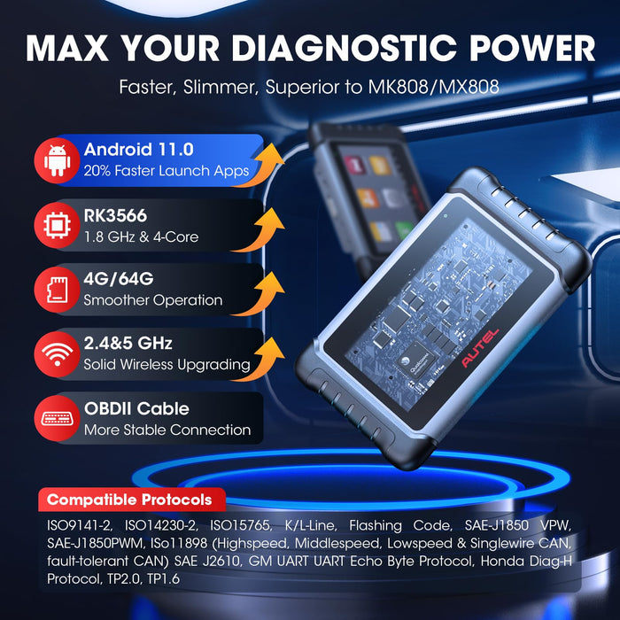 Autel Scanner MaxiCOM MK808S: 2024 Bidirectional Tool as MK808BT Pro MX808S M808Z, Function as MaxiCheck MX900, 28+ Service, Active Test, All System Diagnose, Injector Coding, FCA Autoauth Android 11