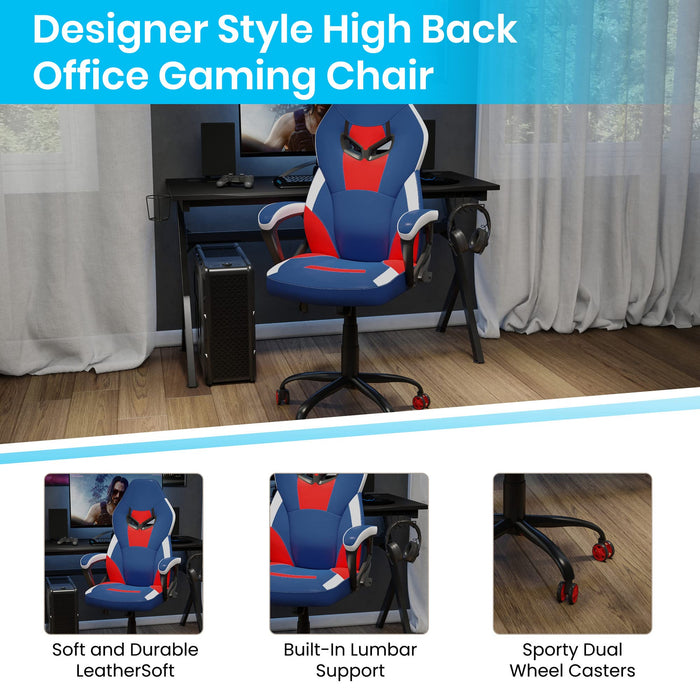 Flash Furniture Stone Ergonomic PC Office Computer Chair - Adjustable Red & Blue Designer Gaming Chair - 360° Swivel - Red Dual Wheel Casters