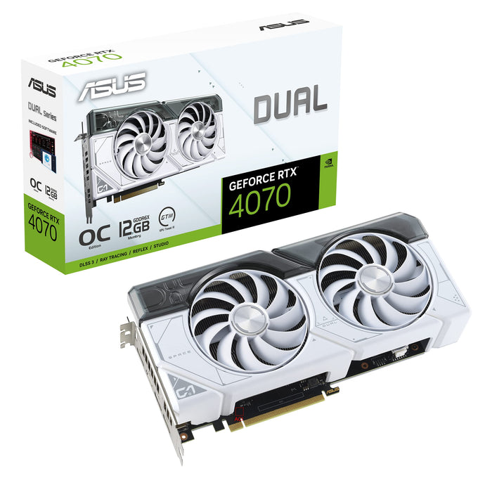 ASUS Dual GeForce RTX™ 4070 White OC Edition 12GB GDDR6X (PCIe 4.0, 12GB GDDR6X, DLSS 3, HDMI 2.1, DisplayPort 1.4a, 2.56-Slot Design, Axial-tech Fan Design, 0dB Technology, and More)