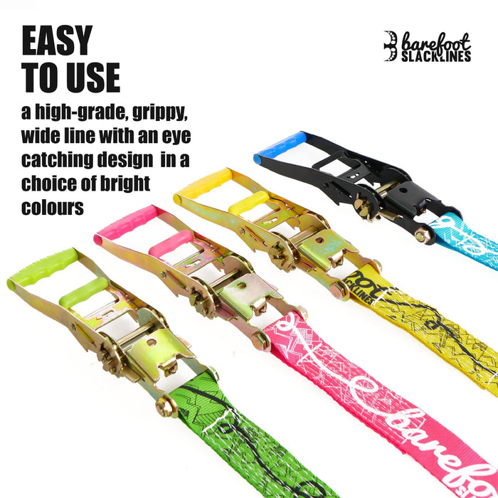 Barefoot Slackline Kit 60ft (18m) Complete Set Including, Ratchet, Training Line, Bark Protectors & Instructions! Designed for Both Kids & Adults - 3 Colors Available (Azure Blue)