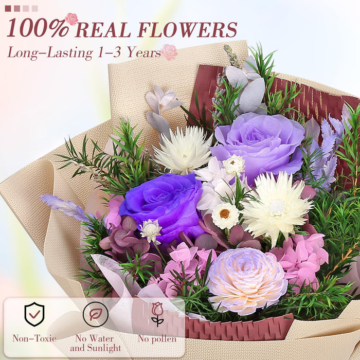 Bloom's Diary Preserved Flowers Bouquet Natural Real Long Lasting Roses and Flowers, Gift Box for Valentine's Day, Mother's Day,Anniversary,Birthday (Purple)