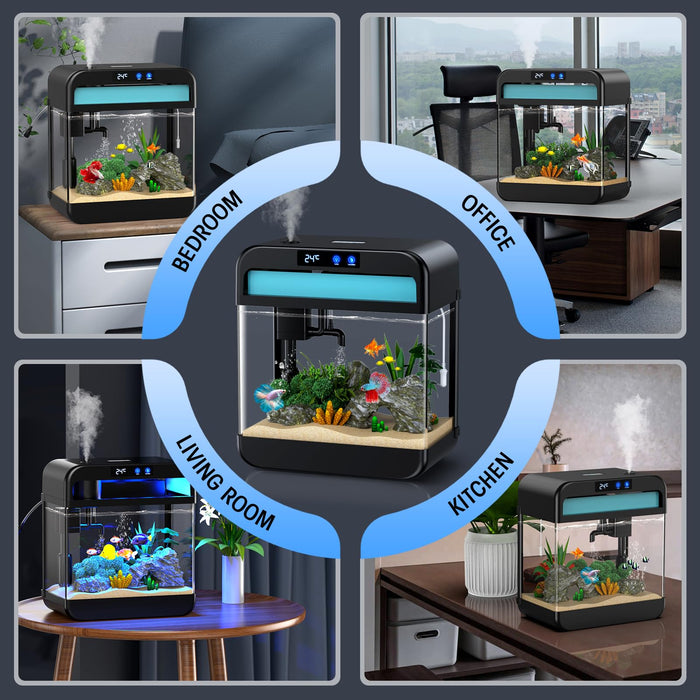 Fish Tank Aquarium 2.2 Gallon with Humidifier 7 Color Auto-Looping Light Self Cleaning 3 in 1 Pump with Filteration & Oxygenation & Circulation, Temperature Display, HD Float Glass, Thickened Base