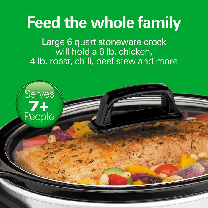 Hamilton Beach 6-Quart Slow Cooker with 3 Cooking Settings, Dishwasher-Safe Stoneware Crock & Glass Lid, Silver (33665G)