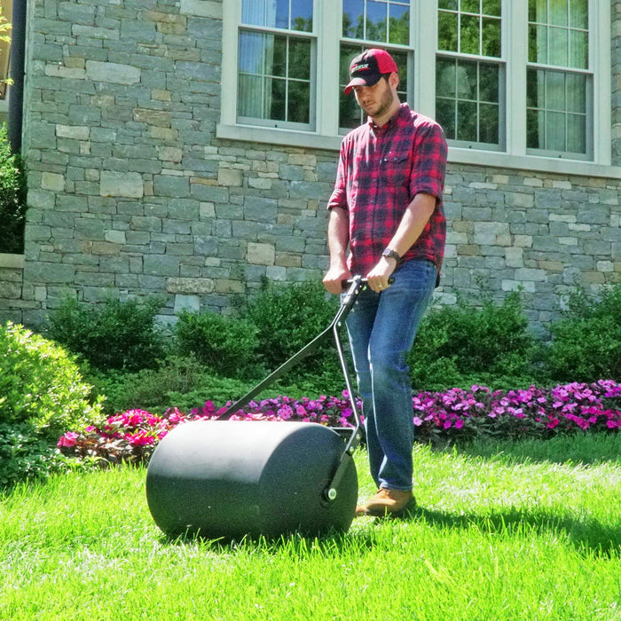 Brinly PRC-241BH-A 270 lb. Combination Push/Tow Poly Lawn Roller with Easy-Turn Tethered Plug, 18 by 24"