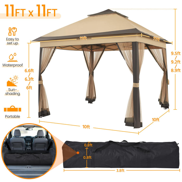 Yaheetech 11x11 Pop Up Gazebo Outdoor Canopy Shelter, Instant Patio Gazebo Sun Shade Canopy Tent with 4 Sandbags, Double Tiers & Mesh Netting for Lawn, Garden, Backyard & Deck, Khaki