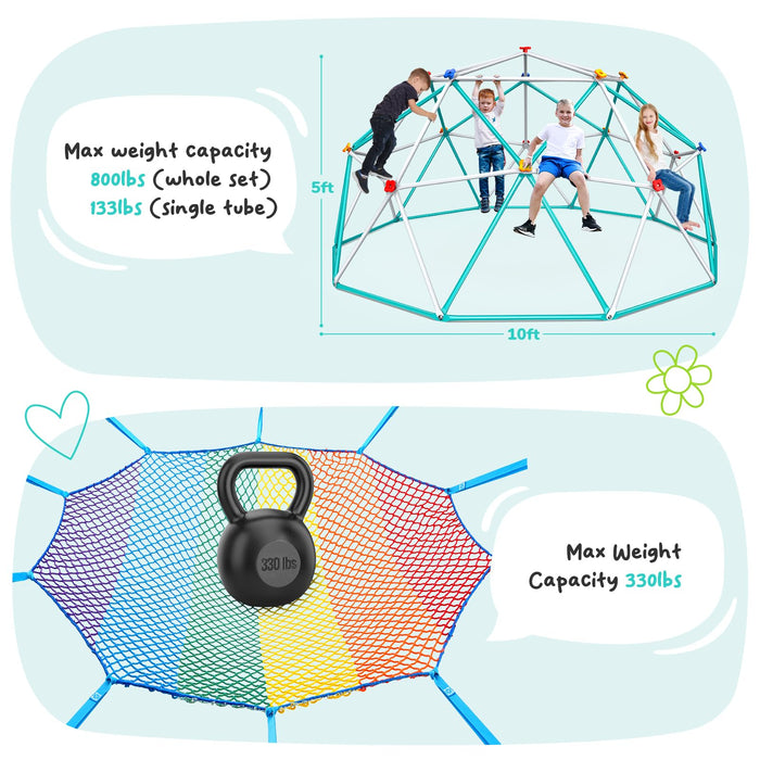 Hapfan Climbing Dome with Climbing Cargo Net, 10ft Dome Jungle Gym with Hammock for Kids Outdoor Playset Monkey Bars Backyard