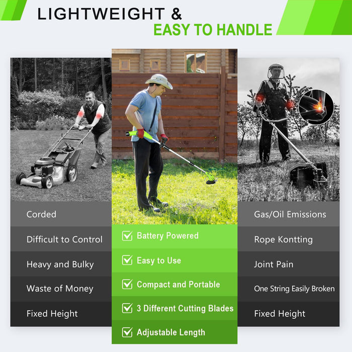 GardenJoy Weed Wacker Battery Operated: 12V Cordless Grass Trimmer with 2.0Ah Battery, Fast Charger and 3 Types Cutting Blade, Portable Electric Lawn Trimmer for Garden Yard Weeding Work