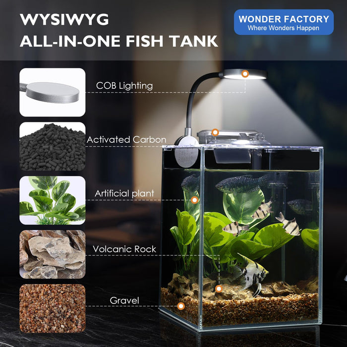 Wonderfactory 1.5 Gallon Aquarium Fish Tank with HOB Filter and Light, Self Cleaning Betta Fish Tank, Complete Desktop Aquarium Starter Kit, Small Fish Tank for Beginners and Aquarium Hobbyists