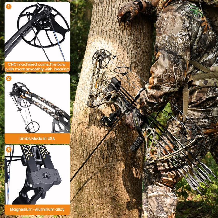 PANDARUS Compound Bow Package for Adults and Teens, 0-70 Lbs Draw Weight Limbs Made in USA,Lightweight Design，with Archery Hunting Equipment, Limited Life-time Warranty(Black Right Handed Pro)