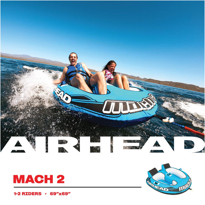 Airhead Mach 2, 1-2 Rider Towable Tube for Boating, 69"L x 69"W, Blue