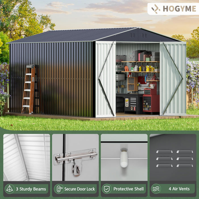 HOGYME 8 x 12 FT Outdoor Storage Shed, Large Metal Garden Shed with Updated Frame Structure and Lockable Doors, Tool Sheds for Backyard Garden Patio Lawn, Grey