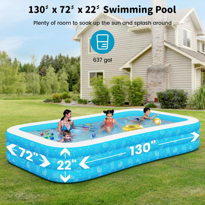 azamine Extra Large Inflatable Pool with Pump - 130"x 72" x 22" Blow Up Pool Thickened Large Size for Adults, Family Swimming Pool for Backyard, Garden, Summer Water Party