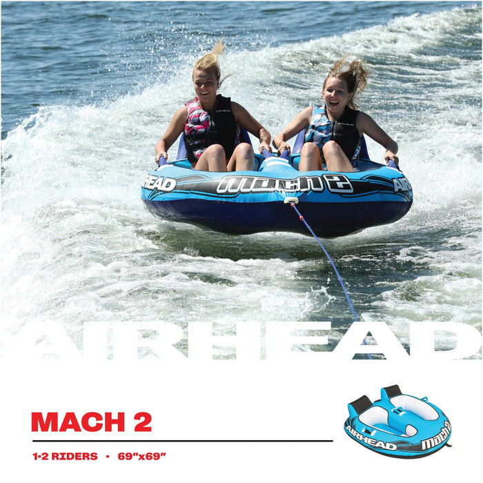 Airhead Mach 2, 1-2 Rider Towable Tube for Boating, 69"L x 69"W, Blue