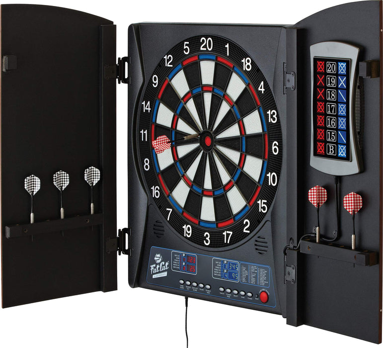 Fat Cat Mercury Electronic Dartboard, Built In Cabinet Doors With Integrated Scoreboard, Dart Storage For 6 Darts, Dual Display In Two Colors, Compact Target Face For Fast Play