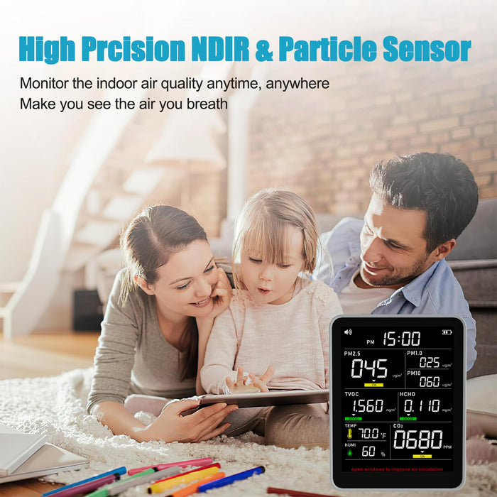 9-in-1 Professional Indoor Air Quality Monitor Indoor Portable PM2.5/PM10/CO2,Temperature, Formaldehyde Detector,Humidity TVOC,Time Display Air Quality Tester-Confined Space Clean Air Monitor