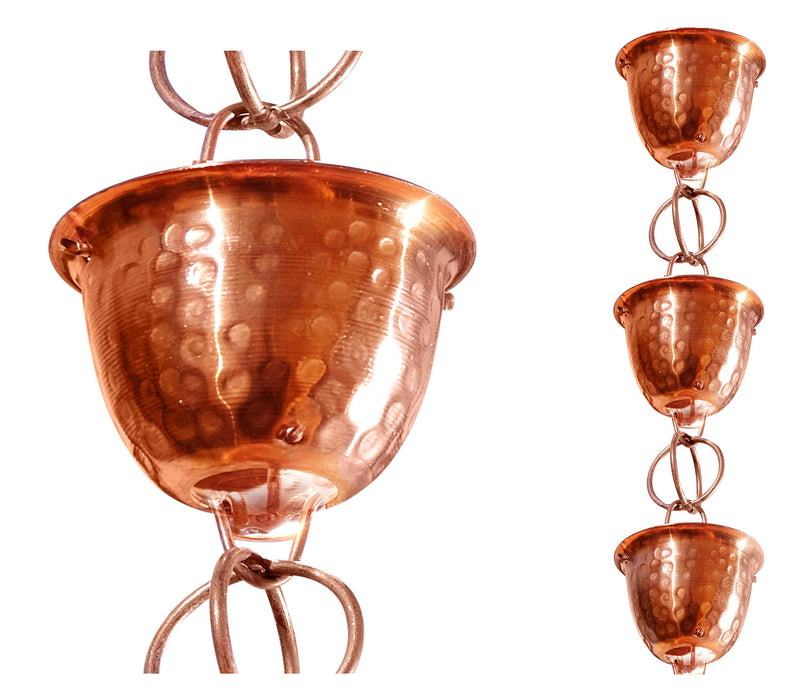 Monarch Rain Chains 26558 Pure Copper Hammered Cup Rain Chain Replacement Downspout for Gutters, 8-1/2 Feet Length