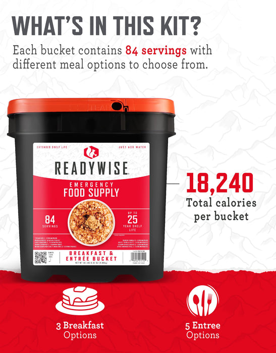 READYWISE 84-Serving Breakfast & Entrée Emergency Food Bucket, Premade Freeze Dried Meals for Camping, Hiking, 25 Year Shelf Life