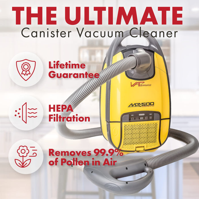 Vapamore MR-500 Vento Canister Vacuum Cleaner, Professional Grade Multipurpose Canister Vacuum with Attachments to Clean Multi Surfaces, Includes Powerful Pet Hair Tools, HEPA Filtration