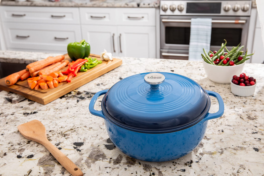 Lodge 6 Quart Enameled Cast Iron Dutch Oven with Lid – Dual Handles – Oven Safe up to 500° F or on Stovetop - Use to Marinate, Cook, Bake, Refrigerate and Serve – Blue