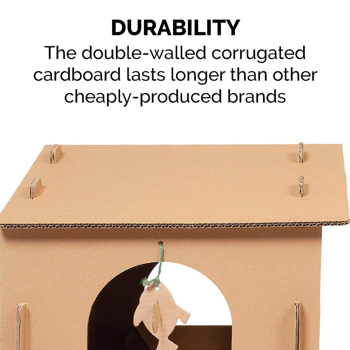 Furhaven Multi-Level Cardboard Cat House w/ Catnip for Indoor Cats, Ft. Scratching Pads & Toys - Farmhouse Corrugated Cat Scratcher Hideout - Cardboard Brown, One Size