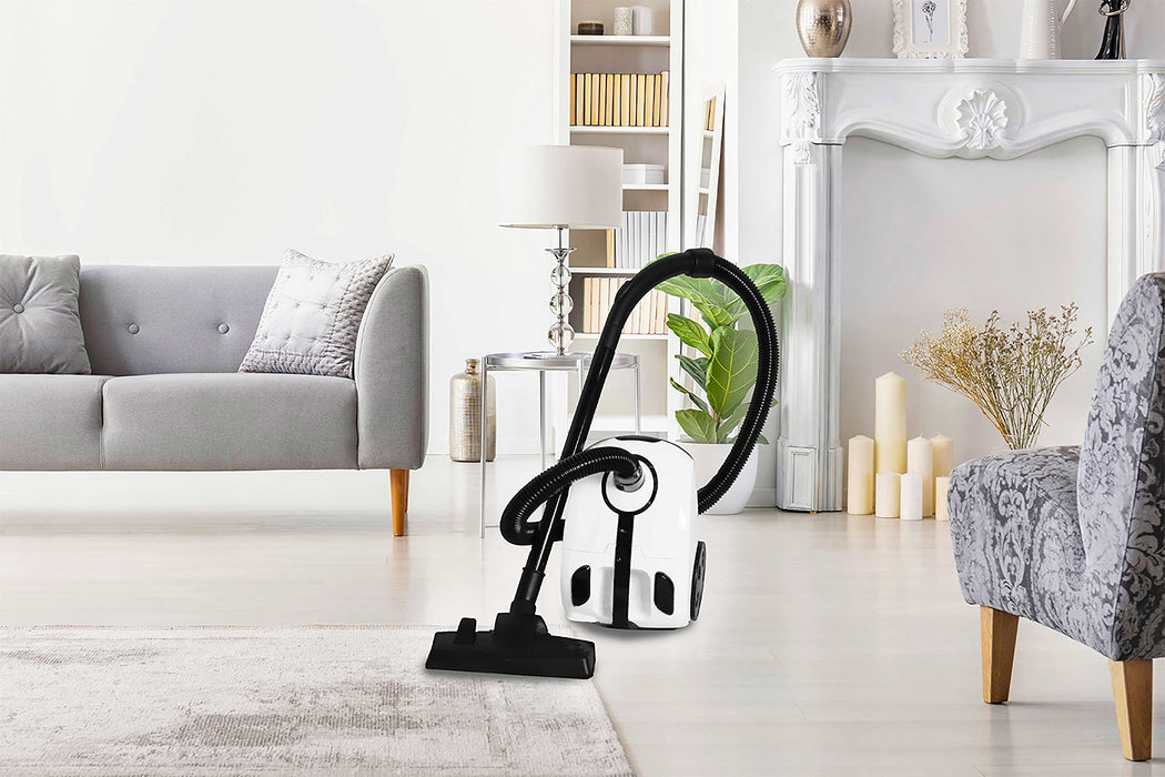 Impecca Bagged Canister Vacuum Cleaner for Carpets, Rugs, Hard Floors, Upholstery, Powerful 1000W Motor, 2L Dust Capacity, includes 6 cleaning tools and 3 Bags, White