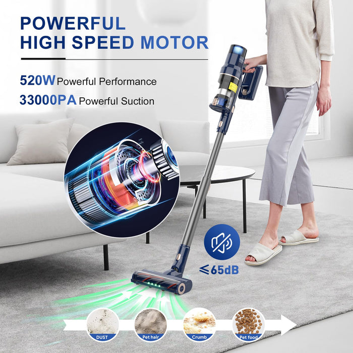 VICSONIC Cordless Vacuum Cleaner, 33Kpa/520W Stick Vacuum with OLED Touch Screen/Brushless Motor, Up to 65 Min Runtime Rechargeable, 12 in 1 Vacuum Cleaner Carpet and Floor