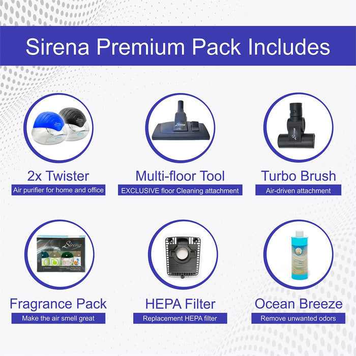 Sirena Bagless Vacuum Cleaner Premium Pack - Water Filtration Vacuum - Bonus 2 Twister Air Purifier, HEPA Filter and Turbo Brush - Wet Dry Vacuum - Hardwood Floor Sweeper and Pet Hair Cleaner