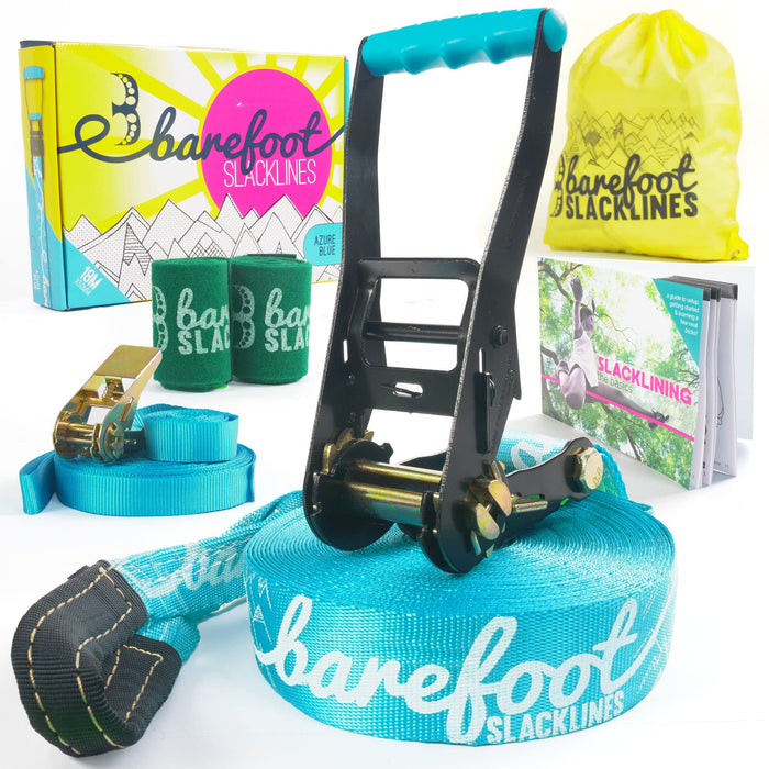 Barefoot Slackline Kit 60ft (18m) Complete Set Including, Ratchet, Training Line, Bark Protectors & Instructions! Designed for Both Kids & Adults - 3 Colors Available (Azure Blue)