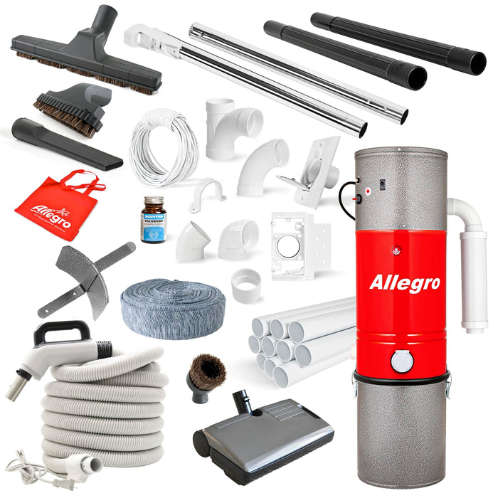 Allegro Heavy Duty Powerful Central Vacuum System with Complete Canadian Premium Deluxe Electric Accessory Kit, 3 Inlet Kit & 64 ft Pipe Package (Pigtail, 30ft)