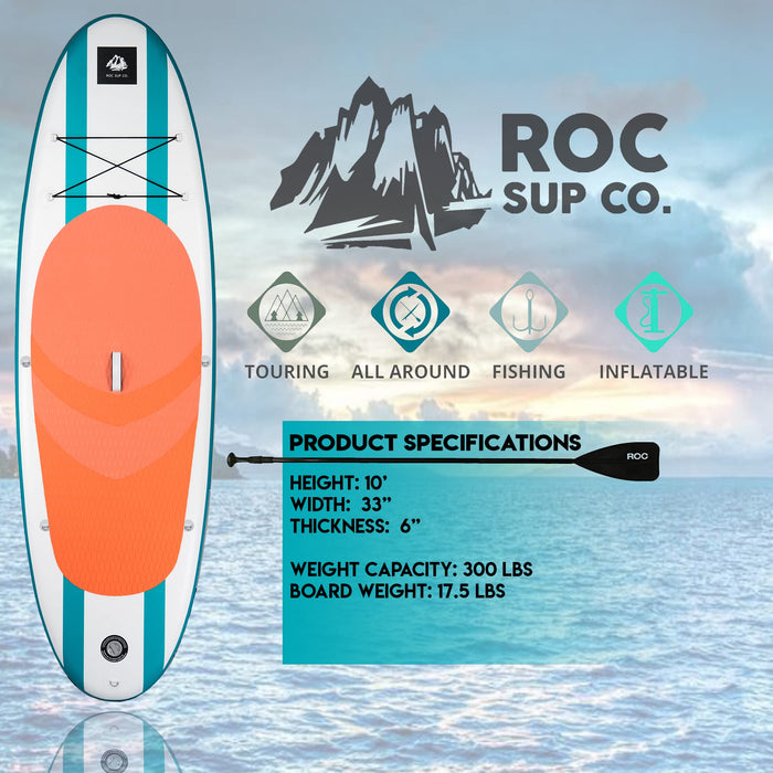 Roc Inflatable Stand Up Paddle Boards with Premium SUP Paddle Board Accessories, Wide Stable Design, Non-Slip Comfort Deck for Youth & Adults (Aqua, 10 FT)