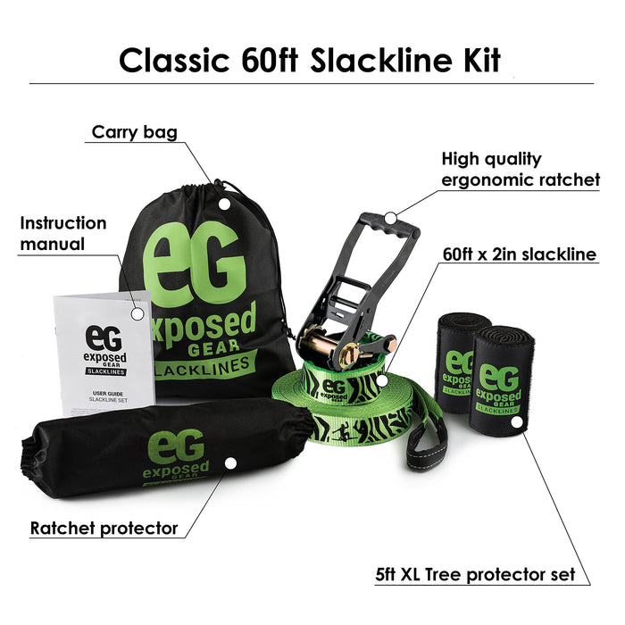 EG Exposed Gear Slackline Kit with Tree Protectors, High Grade Ratchet + Cover, Set Up Instruction Booklet and Carry Bag | Classic 60 ft Slack Line Set | Perfect Slackline for Kids and Adults