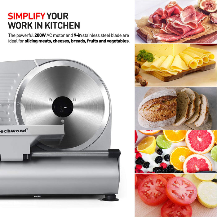 Meat Slicer, Techwood Electric Deil Food Slicer with Removable 9” Stainless Steel Blade, Deli Cheese Fruit Vegetable Bread Cutter with Adjustable Knob for Thickness, Food Carriage & Non-Slip Feet