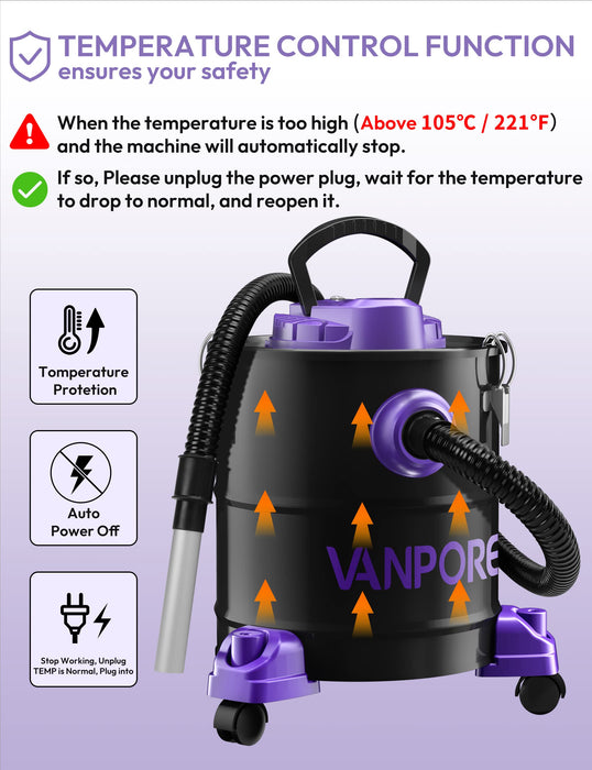 VANPORE 5.2 Gallon Ash Vacuum Cleaner with 1200W Powerful Suction, Ash Vac Collector with Wheeled Base for Fireplaces, Pellet Stoves, Wood Stove, Log Burner, Grills, Pizza Ovens, Fire Pits