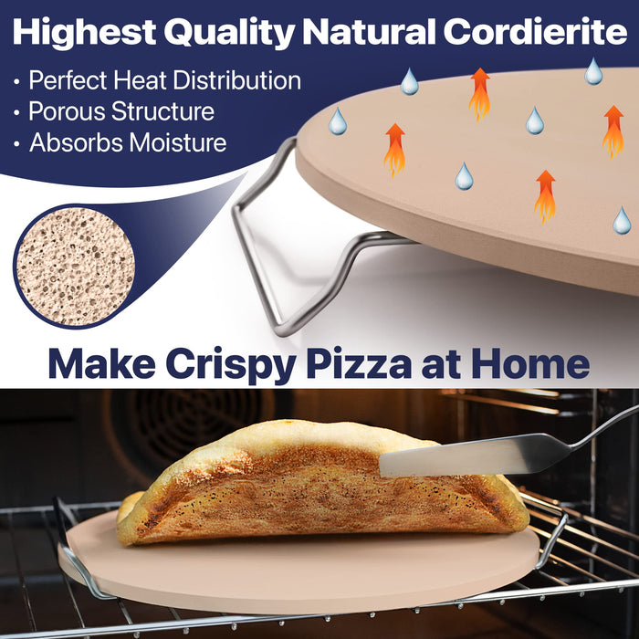 16" Pizza Stone for Oven & Grill with Handles - Natural Cordierite Baking Stone Set with SS Rack & Plastic Scraper (1500 °F Resistant, Round, Large)