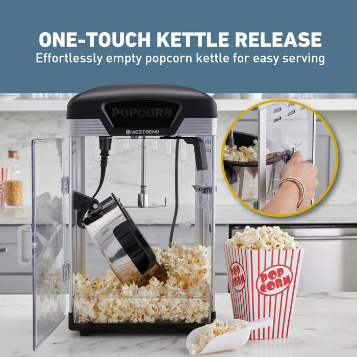 West Bend Stir Crazy Movie Theater Popcorn Popper, Gourmet Popcorn Maker Machine with Nonstick Popcorn Kettle and Popcorn Scoop for Popcorn Machine, 4 Qt., Black