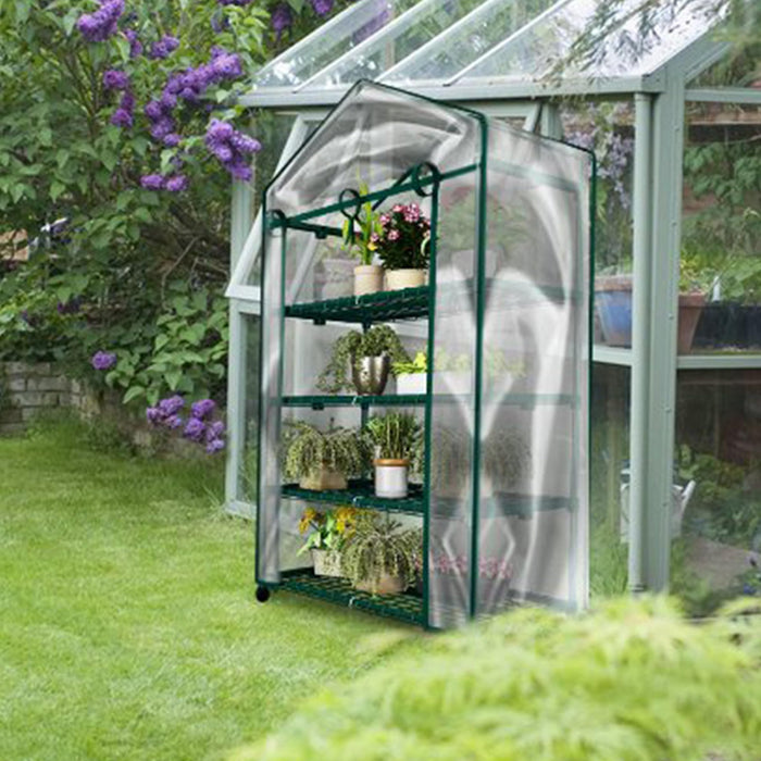 4 Tier Mini Greenhouse - Portable Greenhouse with Locking Wheels and PVC Cover for Indoor or Outdoor - 27 x 19 x 63-Inch Green House by Home-Complete