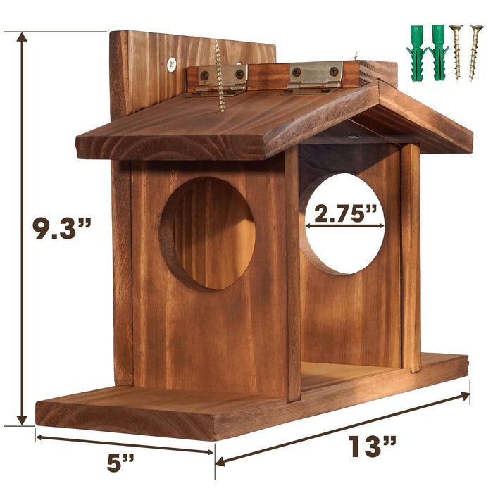 MIXUMON Wood Squirrel Feeder, Squirrel Feeders for Outside Winter, Wooden Chipmunk Feeder for Corn, Peanuts, Durable Box Easy to Fill with Removable Front Panel (Style 2)