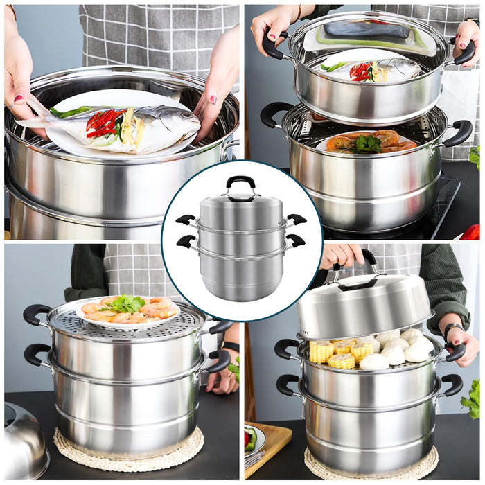 MANO Steamer Pot for Cooking 11 inch Steam Pots with Lid 2-tier Multipurpose Stainless Steel Steaming Pot Cookware with Handle for Vegetable, Dumpling, Stock, Sauce, Food