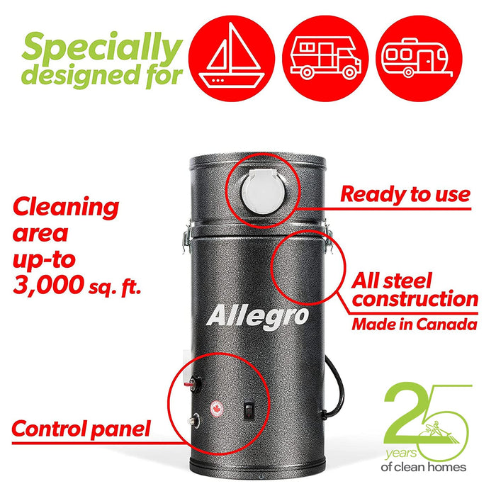 Allegro Central Vacuum 30 ft. Deluxe Package with 1 Inlet Installation Kit for RVs Campers Trailer Yacht