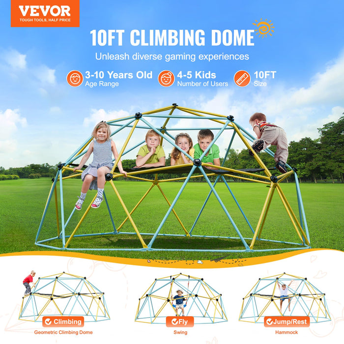 VEVOR Climbing Dome, 10FT Geometric Dome Climber with Hammock and Swing, Jungle Gym Supports 750LBS and Easy Assembly for Kids 3 to 10 Years Old, with Climbing Grip, Outdoor Backyard Play Equipment