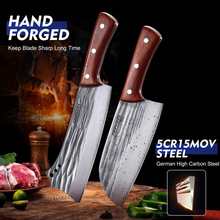 Topfeel 2 pcs Meat Cleaver & Heavy Duty Bone Chopper Knife Set, Hand Forged German High Carbon Stainless Steel Butcher Knife for Home Kitchen & Outdoor…