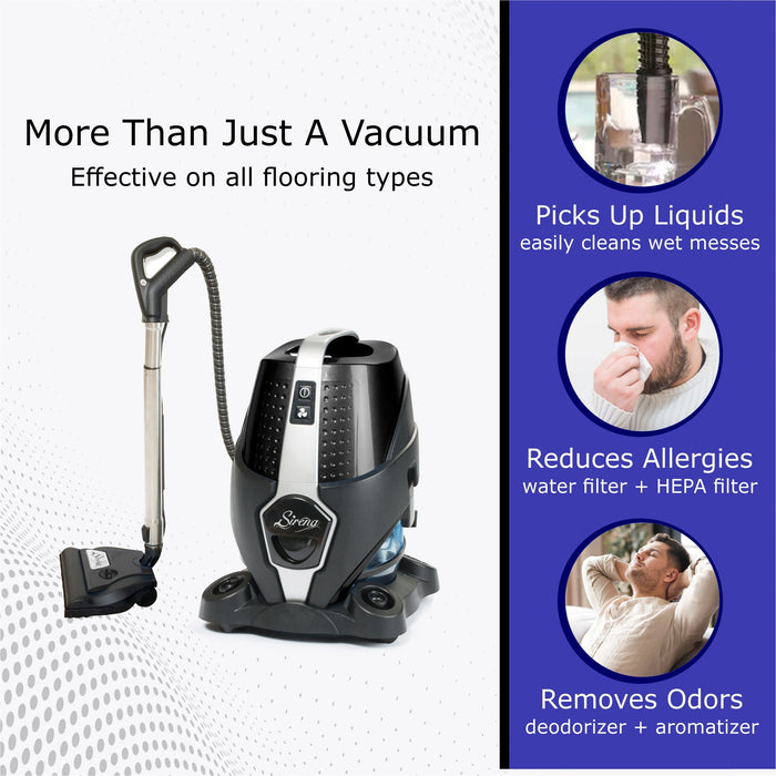 Sirena Bagless Vacuum Cleaner Black Platinum - Water Filtration Pet Vacuum with HEPA Filter and Turbo Brush - Hardwood Floor Sweeper, Air Purifier and Essential Oil Aroma Diffuser